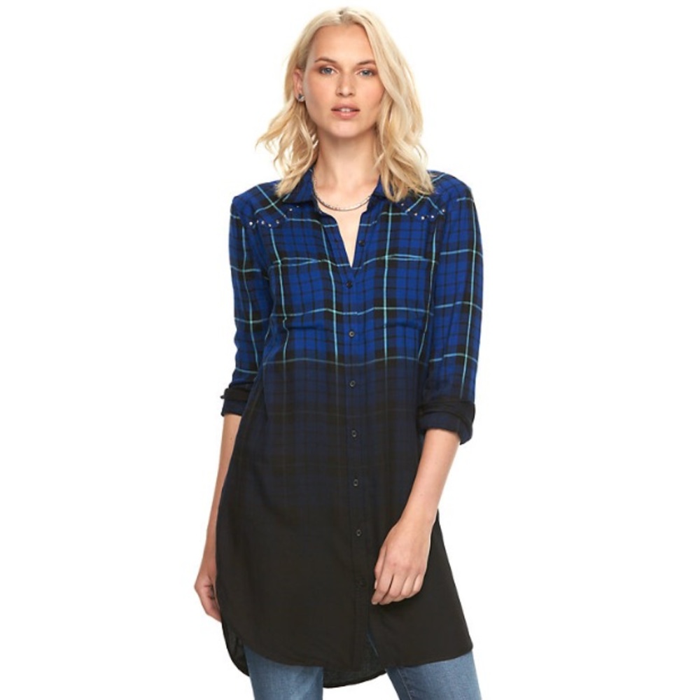 Rock & Republic Blue & Black Plaid Dip Dye Button Down Studded Tunic
